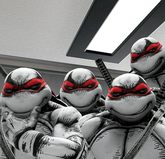 A black-and-white stylized illustration of multiple Raphael TMNT characters grouped together, all wearing red bandanas and grinning.