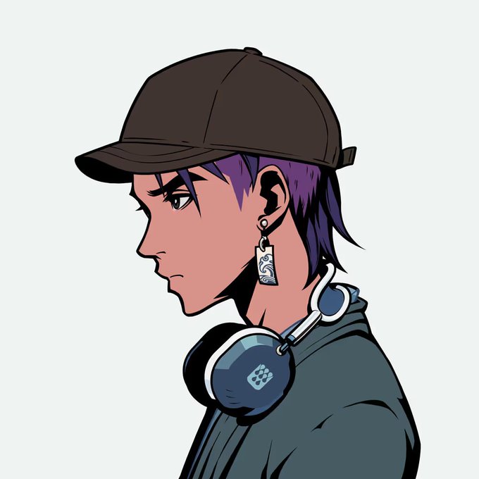 An anime-style illustration of a person with purple hair wearing a brown cap, dark hoodie, dangling earring, and headphones around their neck, shown in profile view.