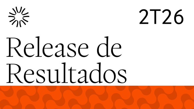A minimalist graphic with a sun-like icon, the text "Release de Resultados" in large serif font, "2T26" in the corner, and an orange patterned bar across the bottom.
