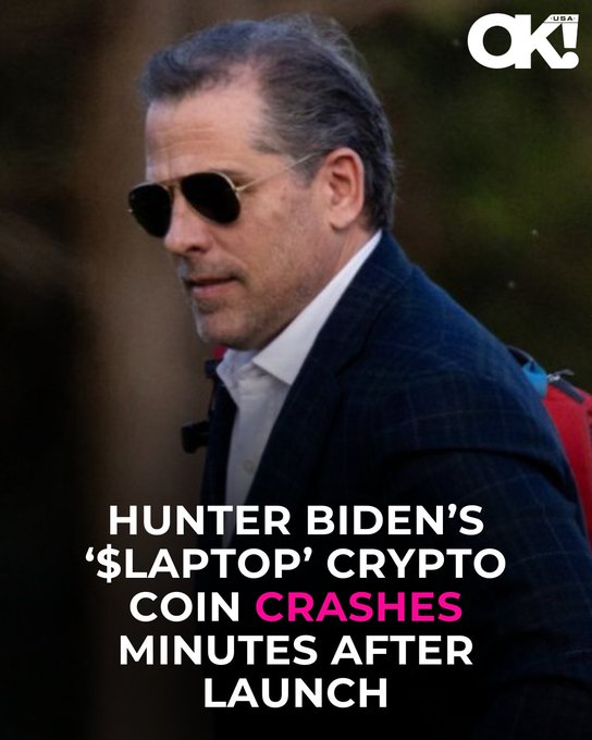 A news thumbnail from 'OK USA' shows Hunter Biden in sunglasses with the headline: 'HUNTER BIDEN'S '$LAPTOP' CRYPTO COIN CRASHES MINUTES AFTER LAUNCH'.