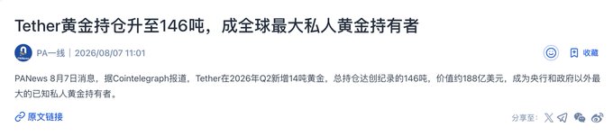 A Chinese news headline stating 'Tether黄金持仓升至146吨，成全球最大私人黄金持有者' (Tether's gold holdings rise to 146 tons, becoming the world's largest private gold holder), dated 2026/08/07.