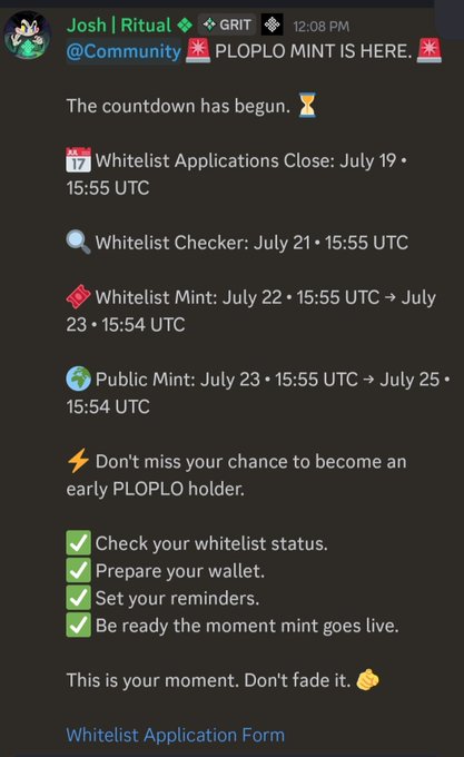 A Discord message from Josh | Ritual announcing PLOPLO MINT with whitelist dates (July 19-23 UTC) and public mint dates (July 23-25 UTC).