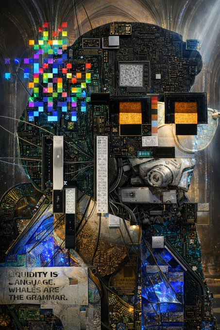 A digital artwork depicting a human head constructed from computer circuit boards, wires, and a hard drive, with colorful pixel squares and blue light effects, set against a cathedral-like background with text reading 'LIQUIDITY IS LANGUAGE. WHALES ARE THE GRAMMAR.'