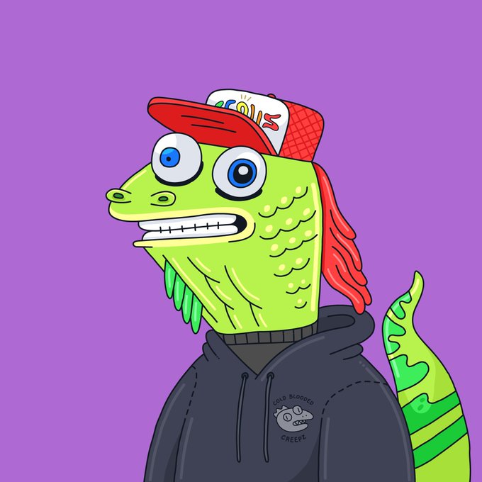 A cartoon green fish-like character with wide eyes wears a red trucker hat and a black hoodie, with a hoodie logo reading "COLD BLOODED CREEPZ." The character reflects the post's excited, community-driven energy around scooping into a token, mirroring the "cold blooded" diamond-handed vibe of the collector.