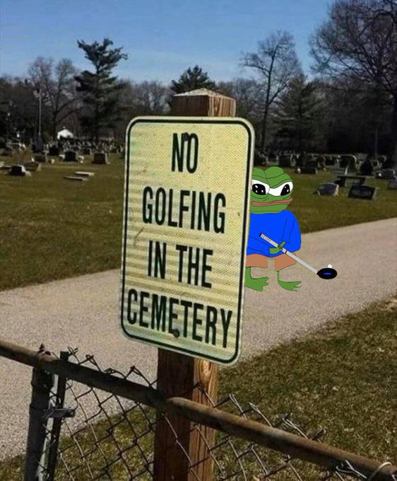 A "NO GOLFING IN THE CEMETERY" sign posted in front of a graveyard, digitally edited to include a green turtle wearing a blue shirt and holding a golf club.