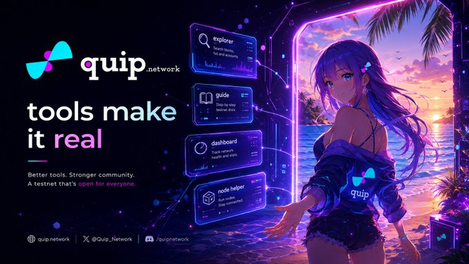 The image features an anime-style illustration with a girl standing next to a door that has a neon sign above her head, which says "quip network". The girl appears to be wearing a black top and blue skirt. In front of the door is a beach scene with palm trees and water. The background of the image is dark purple, creating an interesting contrast with the lighter elements in the foreground.