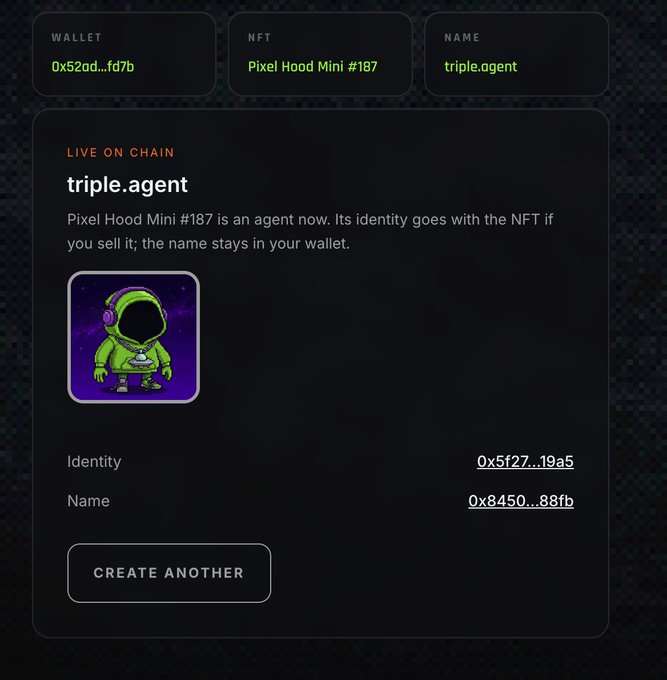 A dark-themed NFT webpage for 'Pixel Hood Mini #187' showing a green pixel art astronaut character named 'triple.agent' on a purple background.