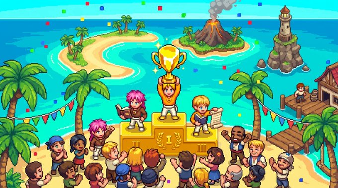 Pixel art of an award ceremony on a tropical beach, where a character on a gold first-place podium holds up a trophy while confetti falls and a crowd cheers, with a volcano and lighthouse in the background.