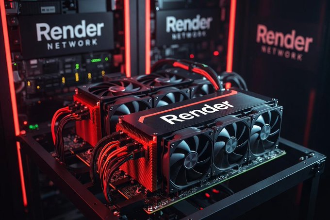 Render Network cryptocurrency mining hardware with multiple GPUs branded with the Render Network logo, illuminated with red lighting.