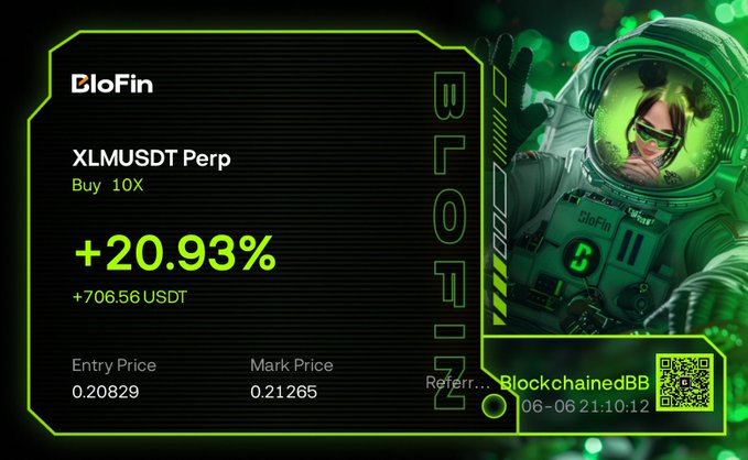 The image features a poster for Biofin, which has a green background with white text. The poster includes a picture of an astronaut wearing a helmet and goggles, along with some text that reads "XLMUSDT Perp", "Yall be ignoring these money shots". There is also a price tag on the poster, showing that it costs $20.93.