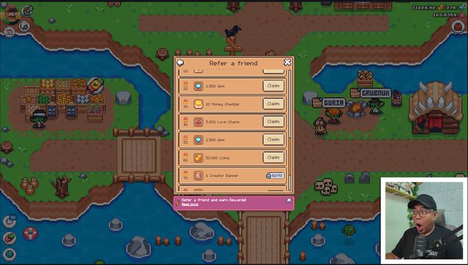 A screenshot of a 2D pixel art game showing a 'Refer a friend' menu with various coin and gem rewards, with a small webcam feed of a streamer in the bottom right corner.