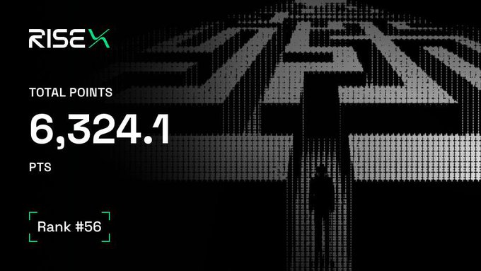A RISEx dashboard displays a farming rewards summary showing 6,324.1 total points and Rank #56, visually reinforcing the post's announcement about earning 294 points that day and holding the #56 position on the all-time leaderboard.
