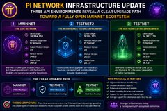 The image shows a colorful poster with text describing an update to an existing Pi Network infrastructure. It appears to be a promotional piece for the Pi Network, providing information about the current state of their ecosystem. The poster features a three-headed rainbow backdrop against a gray wall and displays various icons representing different aspects of the Pi Network and its three environments. These include a rocket ship symbolizing one environment, a camera symbolizing another, and an envelope representing yet another. The text on the poster indicates that these environments have recently undergone a clear upgrade path leading to a fully open MaINET ecosystem.