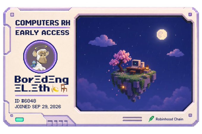 Digital pixel art card titled 'COMPUTERS RH EARLY ACCESS' featuring a 'Bor3dEng3l.eth' NFT ID #6048, joined on 'SEP 29, 2026', depicting a floating island scene with a computer setup, a cherry blossom tree, and a monkey avatar on the Robinhood Chain.
