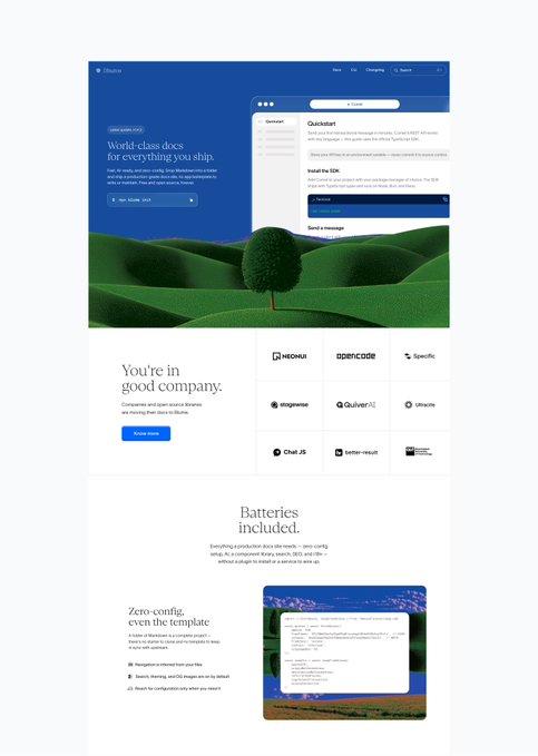 A screenshot of the Rivuna website landing page featuring the tagline 'World-class docs for everything you ship,' with sections highlighting template options, AI integration ('You're in good company'), and zero-config setup.