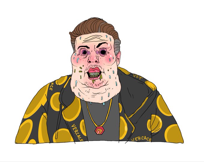 A grotesque, exaggerated cartoon illustration depicts a man with a bloated, sweaty face, bloodshot eyes, and green drool dripping from his mouth, wearing a flashy black and gold patterned shirt with "VERSACE" text visible and a hexagonal pendant necklace. The post references this as a "Meat Canyon"-style caricature of cryptocurrency figure Richard Heart, blending internet meme culture with satirical portraiture.