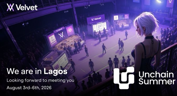 A promotional banner for 'Velvet' and 'Unchain Summer' announcing 'We are in Lagos, Looking forward to meeting you, August 3rd-6th, 2026,' showing a venue with attendees and a stylized woman with white hair in the foreground.