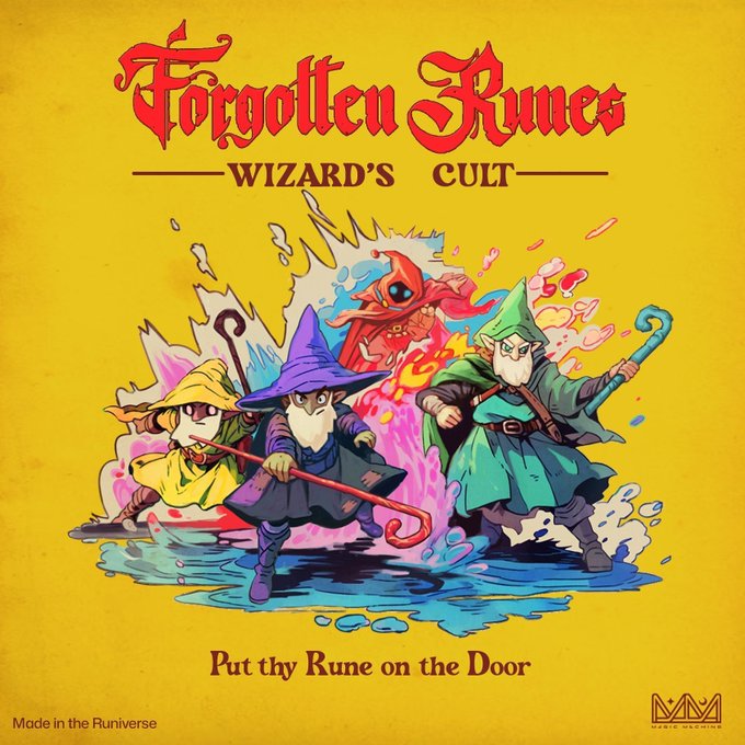 Cover artwork for the album 'Forgotten Runes Wizard's Cult - Put thy Rune on the Door,' depicting three wizard characters and a red creature on a bright yellow background, made in the Runiverse.