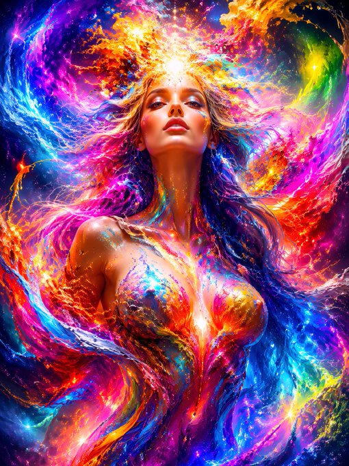 A vibrant, psychedelic digital artwork of a woman surrounded by swirling, fiery rainbow colors and cosmic energy.
