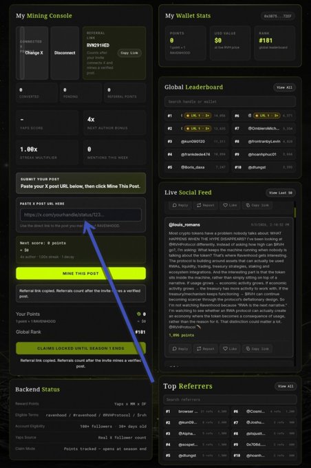 A dark-themed dashboard from a crypto mining/referral platform called Change X showing wallet stats, global leaderboard, social feed, and referral information, with an arrow pointing to a tweet URL field.