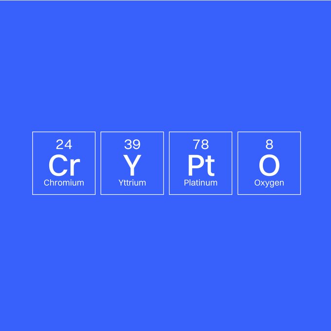 A blue image displays four periodic table elements—Chromium (24, Cr), Yttrium (39, Y), Platinum (78, Pt), and Oxygen (8, O)—arranged side by side. Their symbols spell out "CryPTO," playfully representing the post's claim of a "best formula" for crypto.