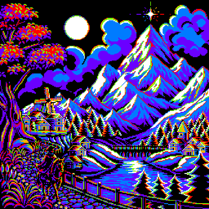A vibrant retro-style pixel art landscape depicting snowy mountains, a moonlit sky, trees, houses, and a reflective stream, with its colors intentionally misaligned to create a chromatic aberration glitch effect that matches the Day #1088 artwork referenced in the post.