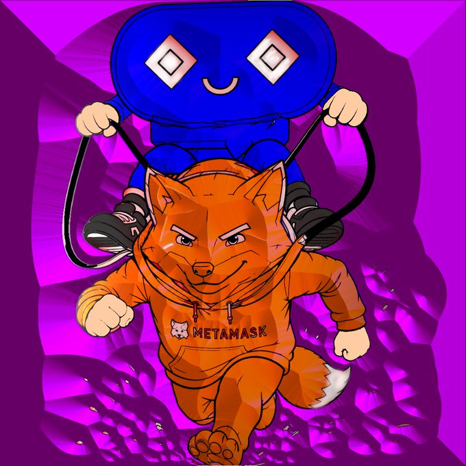 A cartoon illustration of the MetaMask fox mascot running forward wearing an orange hoodie labeled 'METAMASK', being controlled by a blue robot-like figure on its shoulders, set against a vibrant purple background.