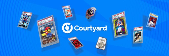 The image showcases the Courtyard logo surrounded by floating digital trading cards in protective slabs, including a Spider-Man card, a Dragon Ball character, and a luxury watch NFT, set against a blue background — visually representing Courtyard's trending position on OpenSea's NFT marketplace for physical-traded card collectibles.