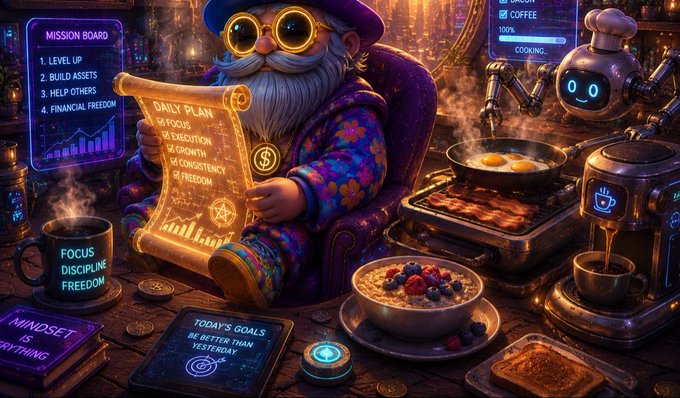 A vibrant digital illustration of a wizard-like character with goggles reading a 'DAILY PLAN' scroll, surrounded by a 'MISSION BOARD', breakfast items, and robots in a steampunk kitchen setting.