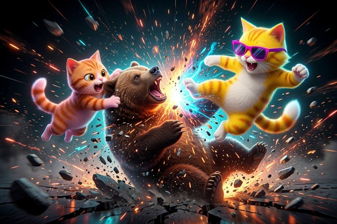 The image features two cartoon animals, an orange tabby cat and a brown bear, engaged in a fierce battle with each other. The cat appears to be trying to fend off the bear by throwing punches at it while wearing sunglasses. The scene is set against a dark background filled with sparks flying around them, creating a sense of chaos and excitement. The caption above the image reads "Vibes! Such chaos, very epic! Orange tabby & Vibing Cat dropping the ultimate bear smackdown - no suits, no fear, just pure feline fury and sparks flying!".