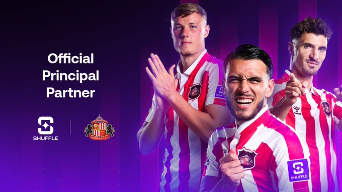The promotional graphic announces Shuffle as the "Official Principal Partner" of Sunderland AFC, featuring three players in the club's iconic red and white striped jerseys alongside the Shuffle and Sunderland AFC logos on a purple background, tying into the partnership announcement.