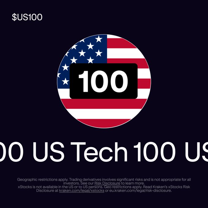 A promotional graphic from Kraken features a circular American flag emblem with "100" overlaid, advertising "$US100" as a U.S. tech 100 index trading product, linking to the post's theme of expanded access to U.S. market trading via crypto platforms like xStocks.