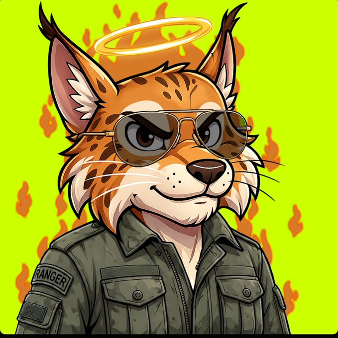 An illustrated anthropomorphic lynx character wearing sunglasses, a halo, and a green military-style jacket with a 'RANGER' patch, set against a lime green background with flames.