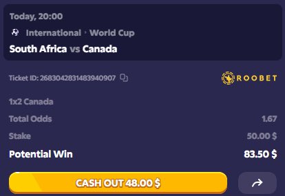 A Roobet betting slip showing a $50 wager on a South Africa vs. Canada World Cup match with 1x2 odds of 1.67, offering a potential win of $83.50 or a cash-out option of $48.00, shared via @Roobet.
