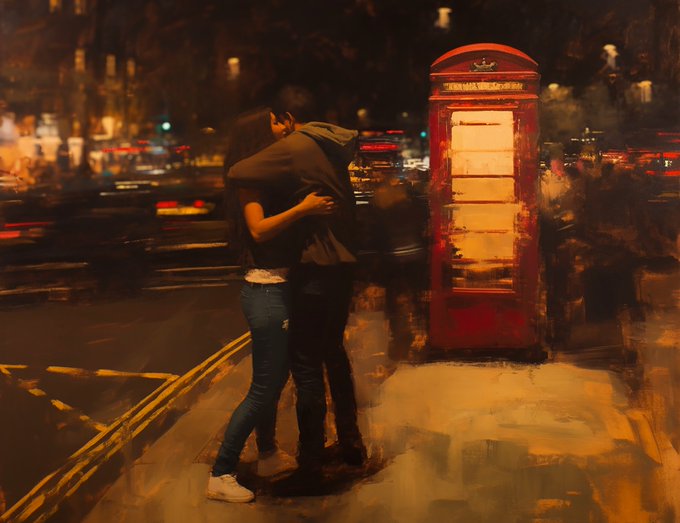 A couple embraces on a London street beside an illuminated red telephone booth, captured in a painterly, motion-blurred style that evokes the romantic nostalgia of the "Moment in Time" theme from the 1.8 XTZ post.