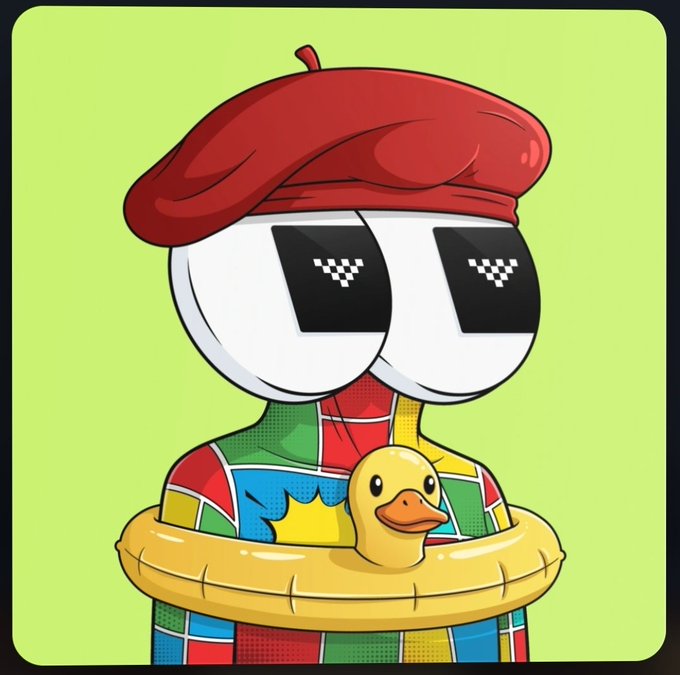 A cartoon character with large pixelated sunglasses wearing a red beret, a colorful checkered shirt, and a yellow inflatable duck ring around its waist, set against a green background.
