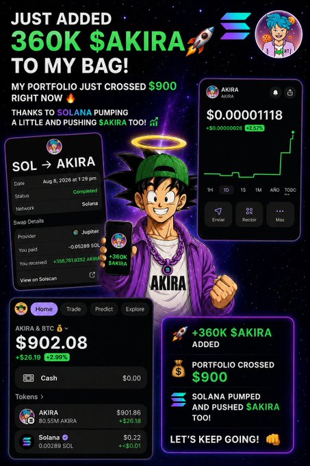 A vibrant crypto portfolio graphic announcing 'JUST ADDED 360K $AKIRA TO MY BAG!' showing the portfolio crossed $900, with details on SOL → AKIRA swap via Jupiter and a price chart for AKIRA.