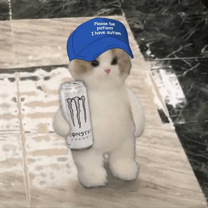 A plush white cat wearing a blue baseball cap that reads "Please be patient I have autism" holds a can of Monster Zero Ultra energy drink, standing on a patterned rug.