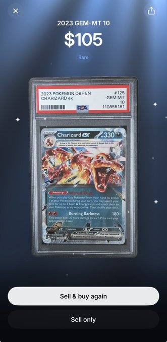 A screenshot of a digital trading card app showing a graded '2023 POKEMON OBF EN CHARIZARD ex' card #125, labeled as a Rare 'GEM-MT 10', priced at $105 with options to 'Sell & buy again' or 'Sell only'.