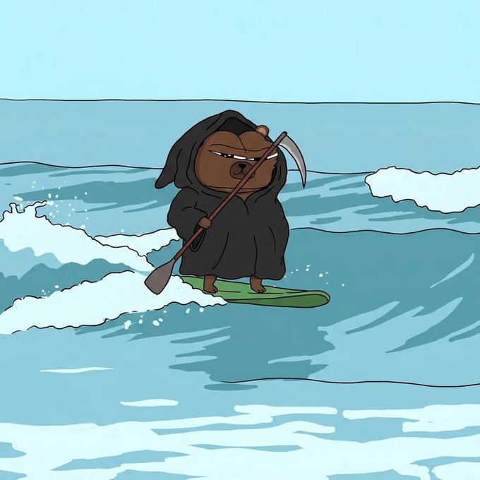 An illustration of a cute bear-like character wearing a dark hooded cloak, standing on a green surfboard and holding a scythe while riding a wave in the ocean.