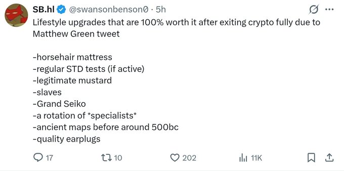 A tweet from user SB.hl (@swansonbenson0) posted 5 hours ago lists "Lifestyle upgrades that are 100% worth it after exiting crypto fully due to Matthew Green tweet," including items like a horsehair mattress, regular STD tests, legitimate mustard, slavas, a Grand Seiko, a rotation of specialists, ancient maps before around 500bc, and quality earplugs. The post has 17 replies, 10 reposts, 202 likes, and 11K views, with the accompanying caption "casual banger, smolchained" praising the relatable, humorous list of post-crypto lifestyle splurges as a standout casual post.