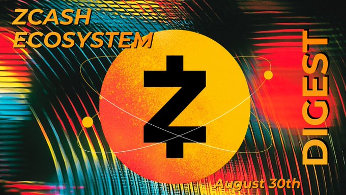 Promotional graphic for the 'ZCASH ECOSYSTEM DIGEST' dated August 30th, featuring the Zcash logo over a colorful, distorted digital background.