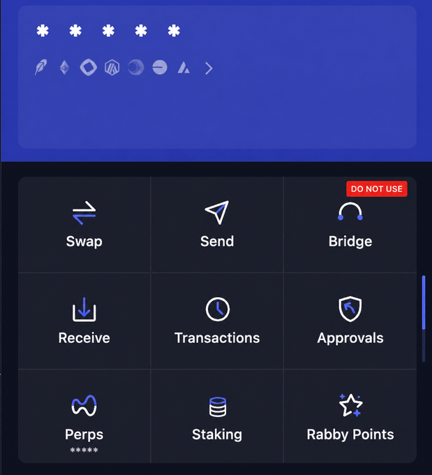 A cryptocurrency wallet interface showing menu options including Swap, Send, Bridge (marked 'DO NOT USE'), Receive, Transactions, Approvals, Perps, Staking, and Rabby Points.