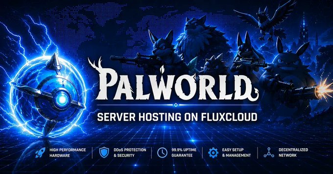 A promotional banner for "Palworld" server hosting on FluxCloud, featuring character artwork against a blue lightning-themed background with a glowing orb device, advertising features like "High Performance Hardware," "DDoS Protection & Security," "99.9% Uptime Guarantee," and "Easy Setup & Management."

The image illustrates the "game server" side of the strategic divide highlighted in the post—showing a hosting provider that has tightly coupled its infrastructure, branding, and feature messaging to a single title (Palworld), including the IP itself in the product name. This is the kind of per-title optimization that works in the early years but risks becoming a liability if the game's popularity fades, whereas a compute-layer approach would remain title-agnostic.
