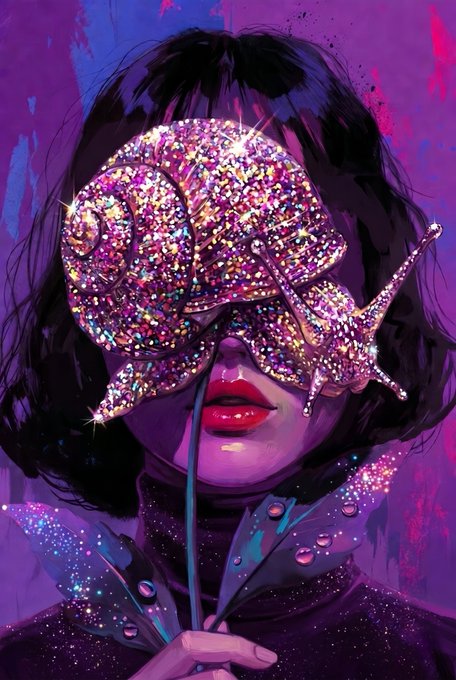 A stylized portrait shows a woman with short black hair wearing a large, glittery snail shell covering her eyes, holding a stem in her mouth against a vibrant purple background.