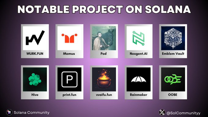 A purple background features a grid of nine square icons, each representing a different project or company on Solana.
