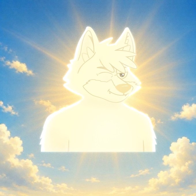 Anime-style illustration of a smiling anthropomorphic wolf character glowing with radiant light against a backdrop of blue sky and clouds.