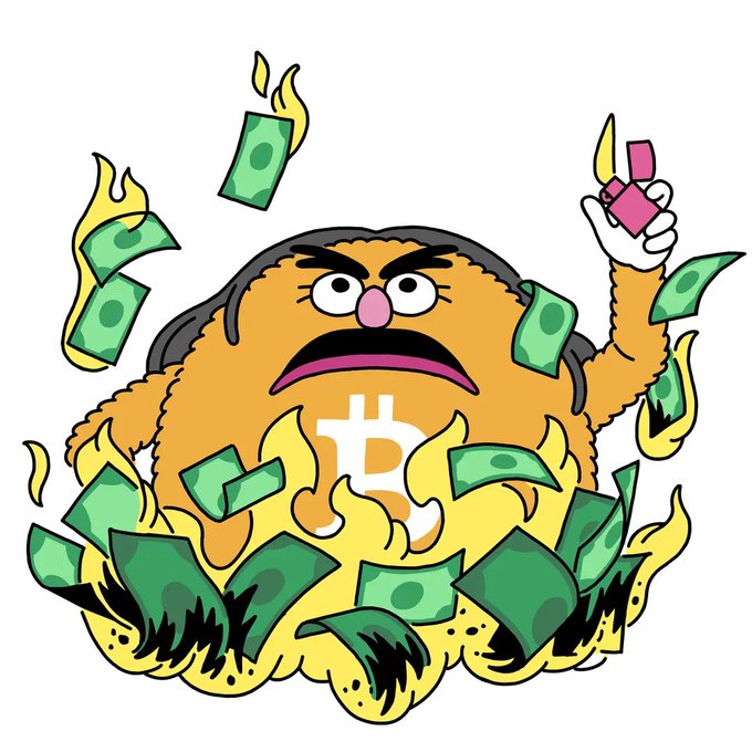 A cartoon illustration depicts an angry, furry orange Bitcoin character surrounded by flames and burning green dollar bills, holding a pink lighter.