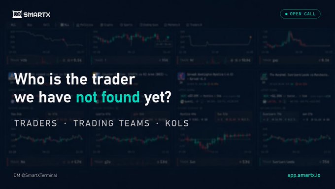 A promotional banner for SmartX featuring the tagline "Who is the trader we have not found yet?" targeting traders, trading teams, and KOLs, with the website "app.smartx.io" and Telegram handle "@SmartxTerminal" visible.
