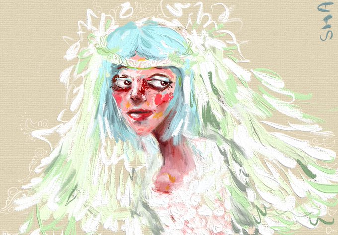 A digital artwork featuring a stylized portrait of a pale figure with flowing aqua and mint-green hair adorned with a floral crown, accented by bold pink blush, signed "M.S" in the upper right corner. The expressive, painterly piece appears to be an NFT mint promotion by the artist celebrating new collectors, linking to a Tezos objkt marketplace listing available for 1 tez.